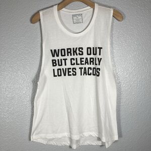 Womens Graphic T Shirt Tee Tank Top XL White Works Out Loves Tacos Athleisure